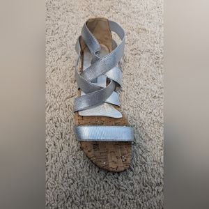 Manolo Blahnik Leoni Metallic Elastic Cork Sandal, Silver